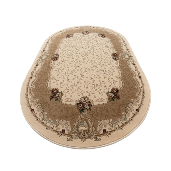 Elegant Oval Cream Oriental Rug with Floral Beige Border | Timeless Beauty